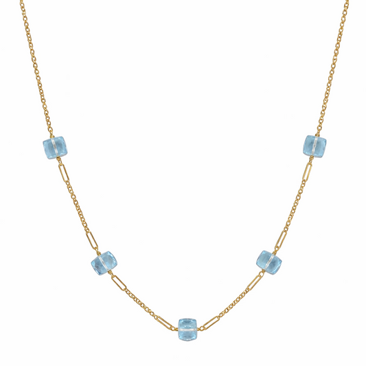 14k Blue Topaz Cube Paperclip Station Necklace