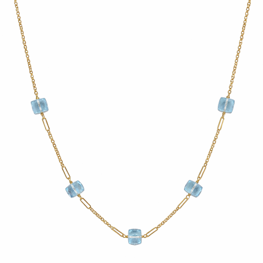 14k Blue Topaz Cube Paperclip Station Necklace