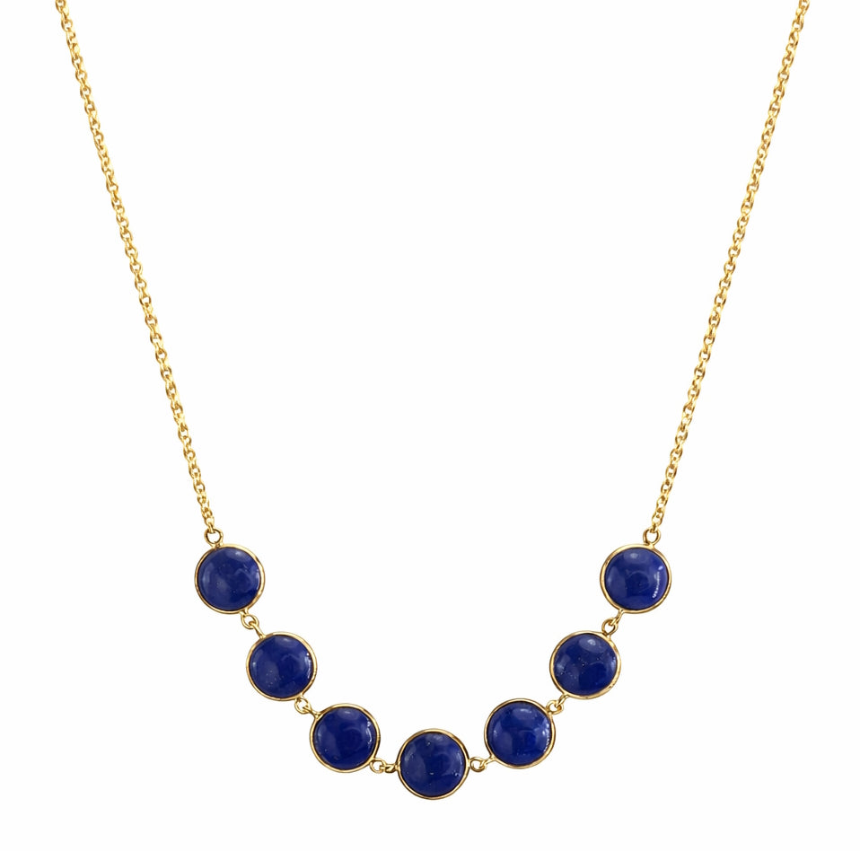 14k Lapis 7 Round Bezel Link Center Necklace