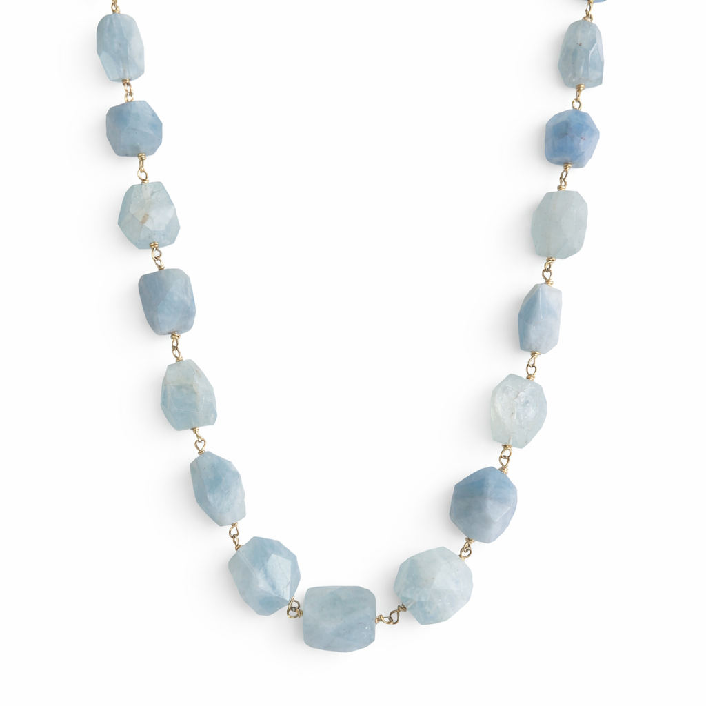 14k Aquamarine Graduated Nugget Link Necklace