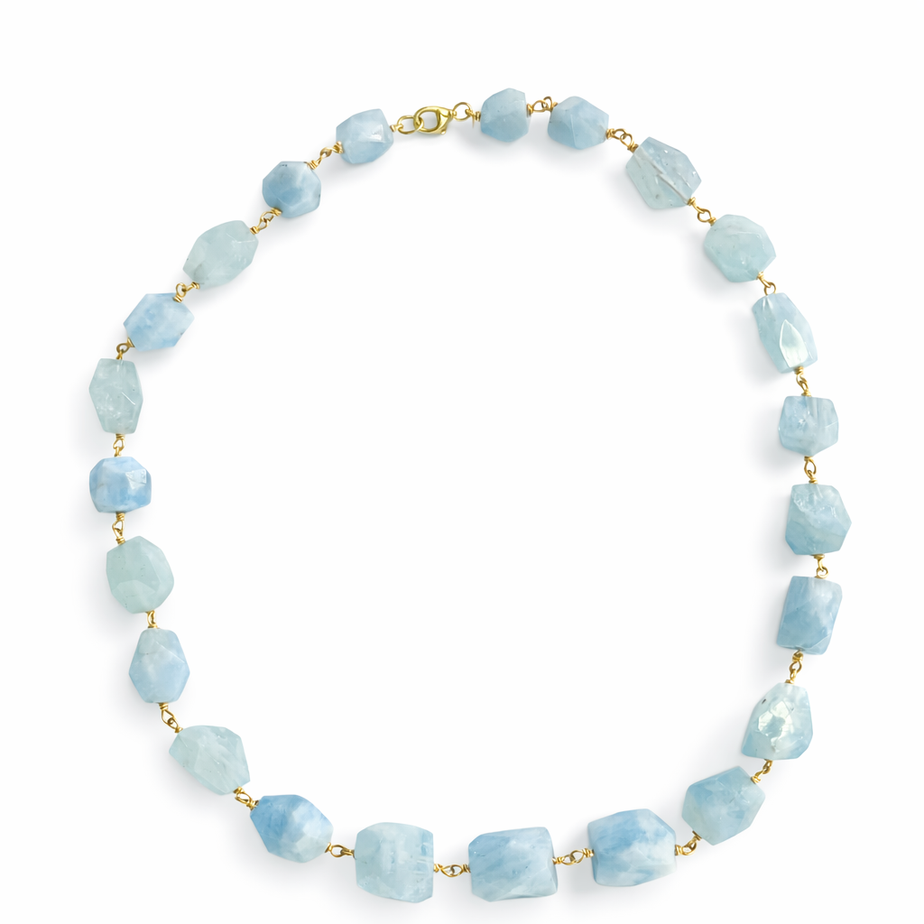 14k Aquamarine Graduated Nugget Link Necklace