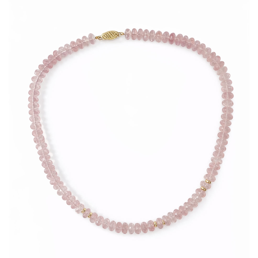 14k Rose Quartz Gold Roundel 3 Station Necklace