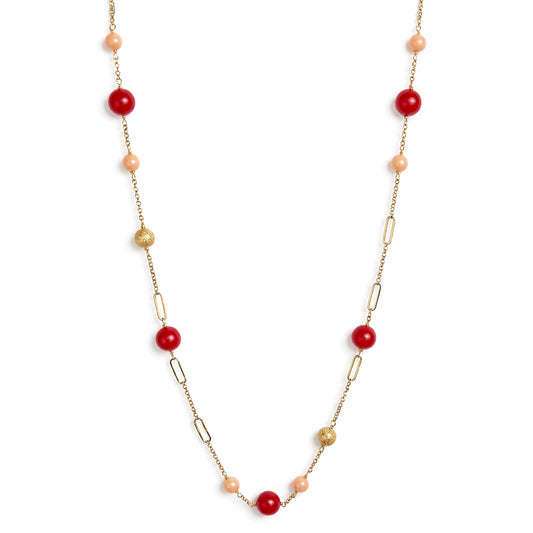 14k Pink/Red Coral Fancy Station Necklace