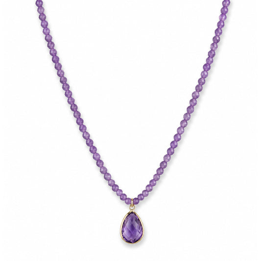 14k Pink Amethyst Small Beads & Pear Shape Pendant Necklace