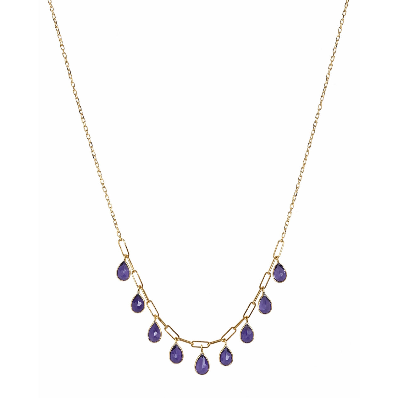 14k Amethyst 9 Drop Paperclip Cable Chain Necklace