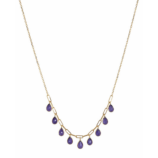 14k Amethyst 9 Drop Paperclip Cable Chain Necklace