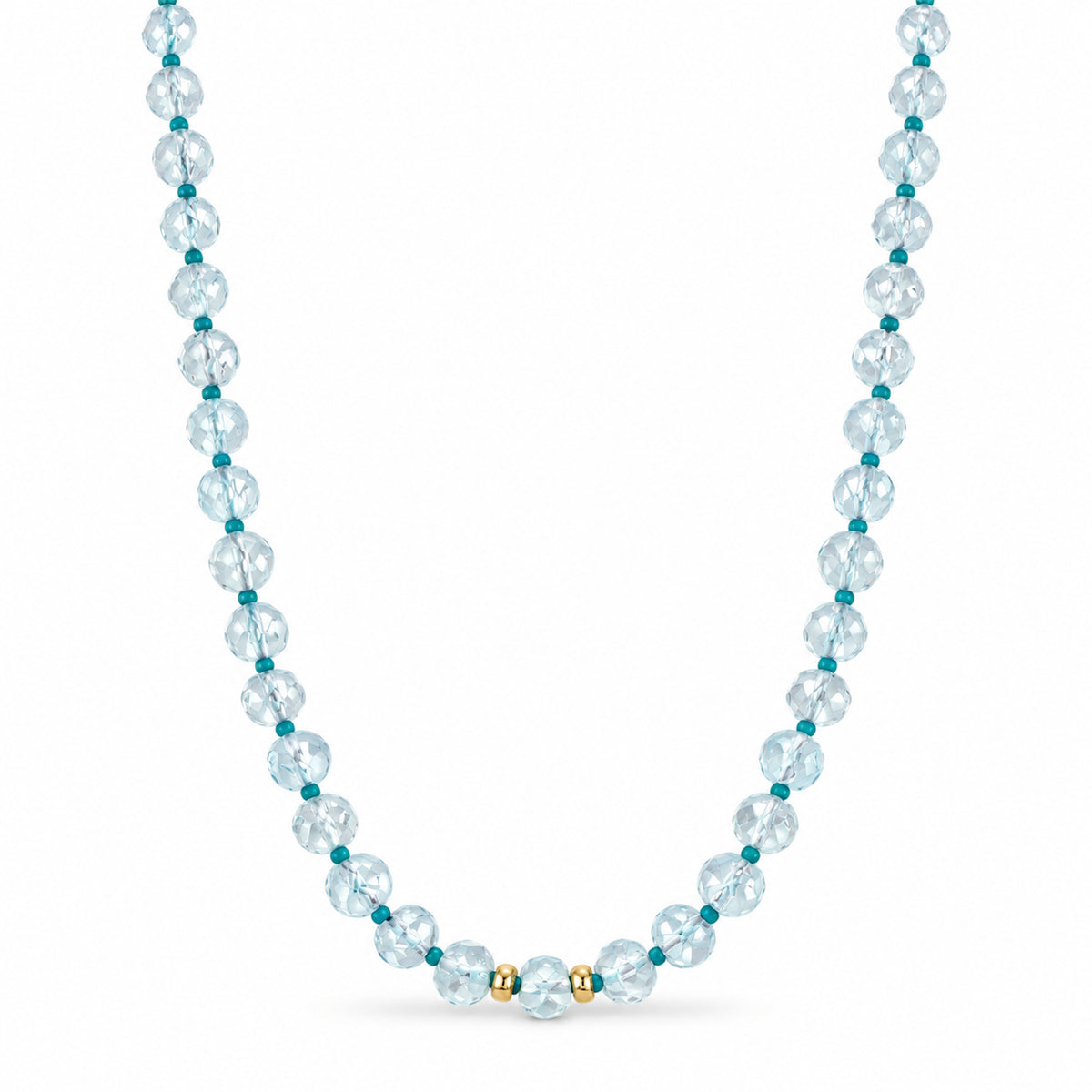 14k Blue Topaz Carved Round Turquoise 1x1 with Gold Roundel Center Necklace