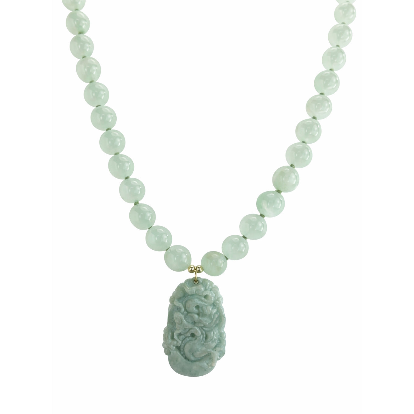 14k Prehnite with Carved Jade Dragon Pendant Necklace