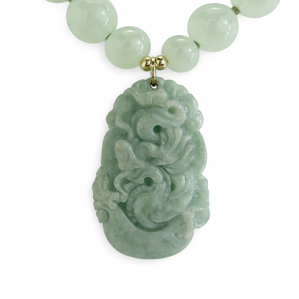14k Prehnite with Carved Jade Dragon Pendant Necklace