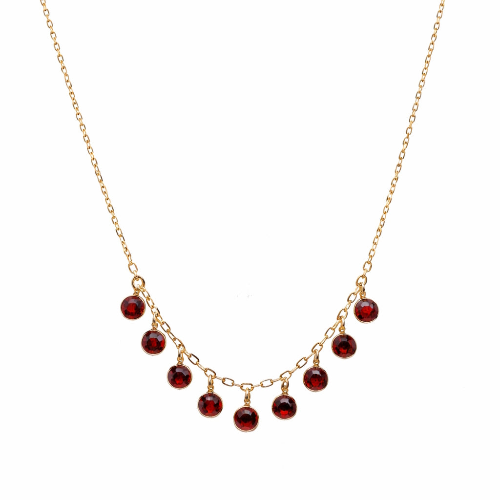 14k Garnet 9 Round Bezel Drop Necklace