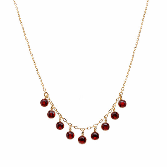 14k Garnet 9 Round Bezel Drop Necklace