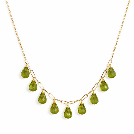 14k Peridot 9 Drop Paperclip Cable Chain Necklace