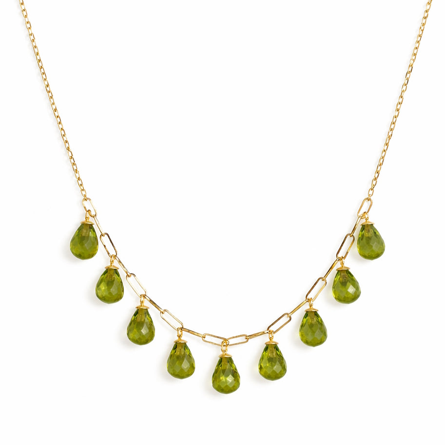 14k Peridot 9 Drop Paperclip Cable Chain Necklace