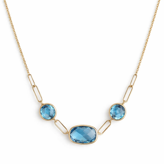 14k Swiss Blue Topaz 3 Bezel Paperclip Link Necklace