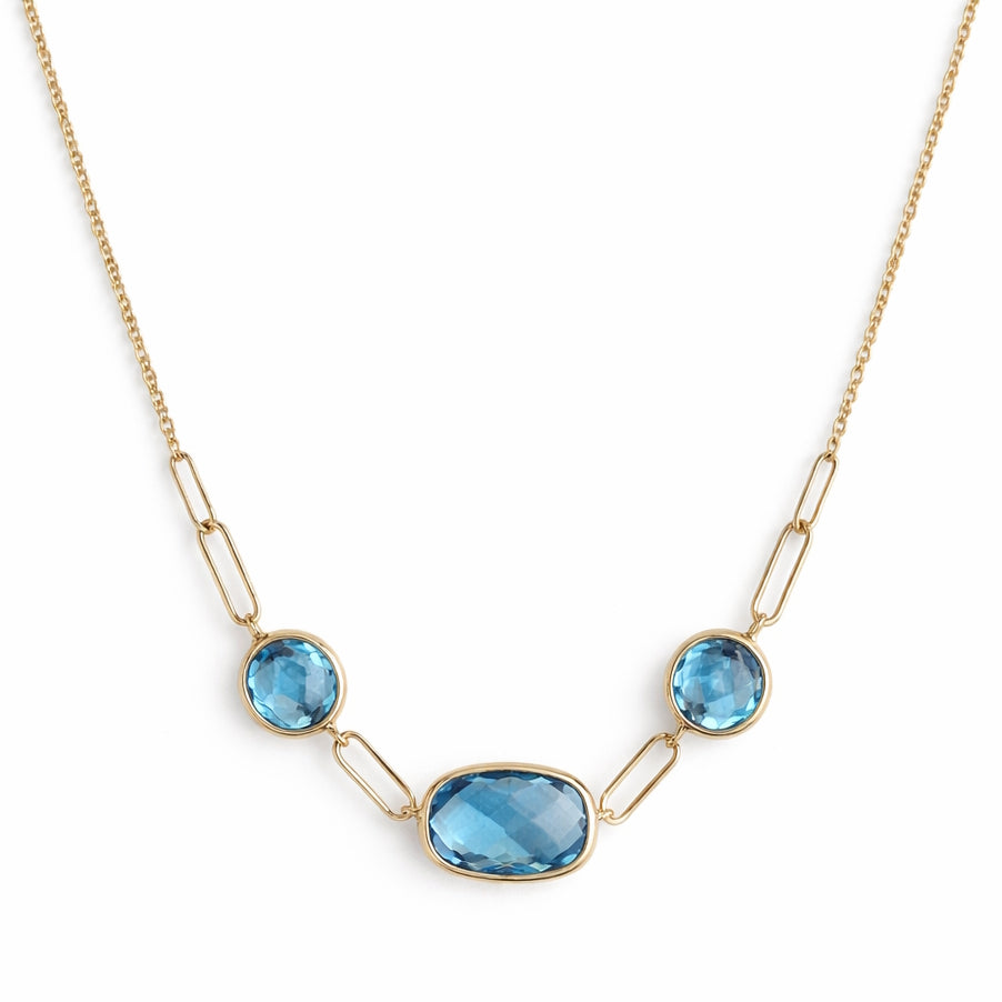 14k Swiss Blue Topaz 3 Bezel Paperclip Link Necklace