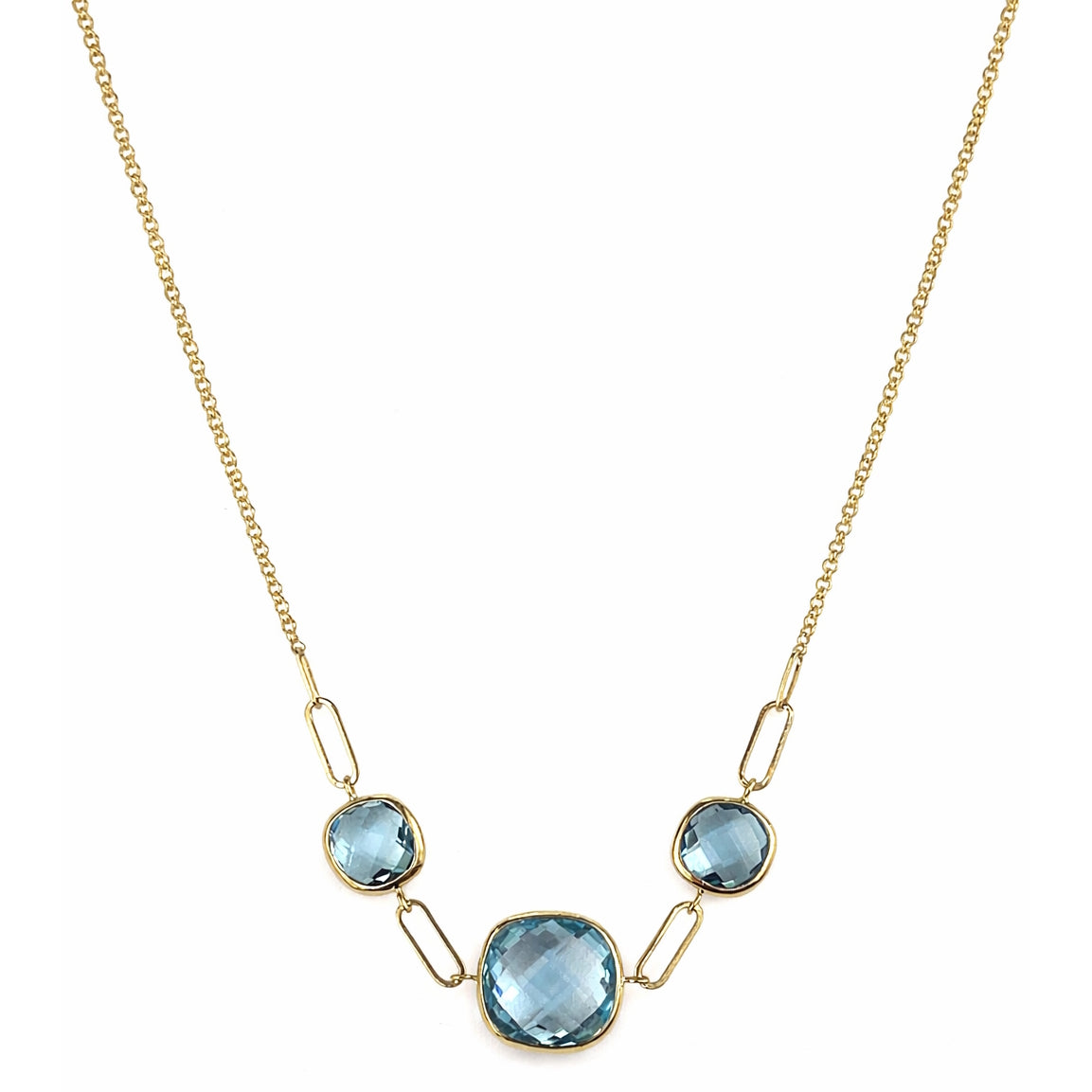14k Blue Topaz 3 Cushion Paperclip Link Necklace