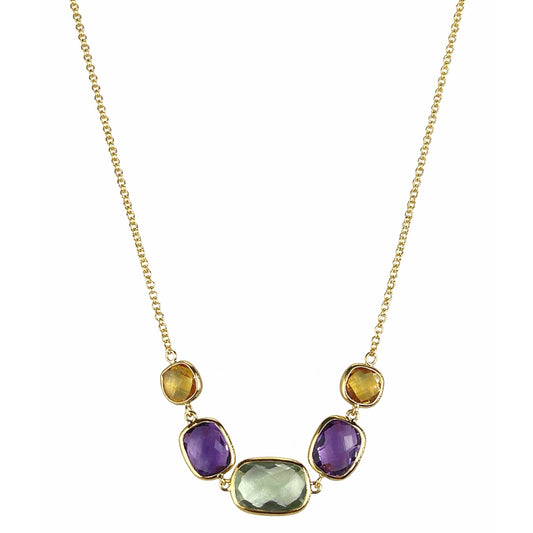 14k Multi Gemstone 5 Cushion Bezel Link Front Necklace