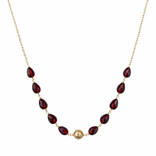 14k Garnet Drop Link Gold Ball Front Station Necklace
