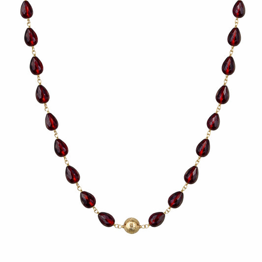 14k Garnet Drop Link Gold Ball Center Necklace