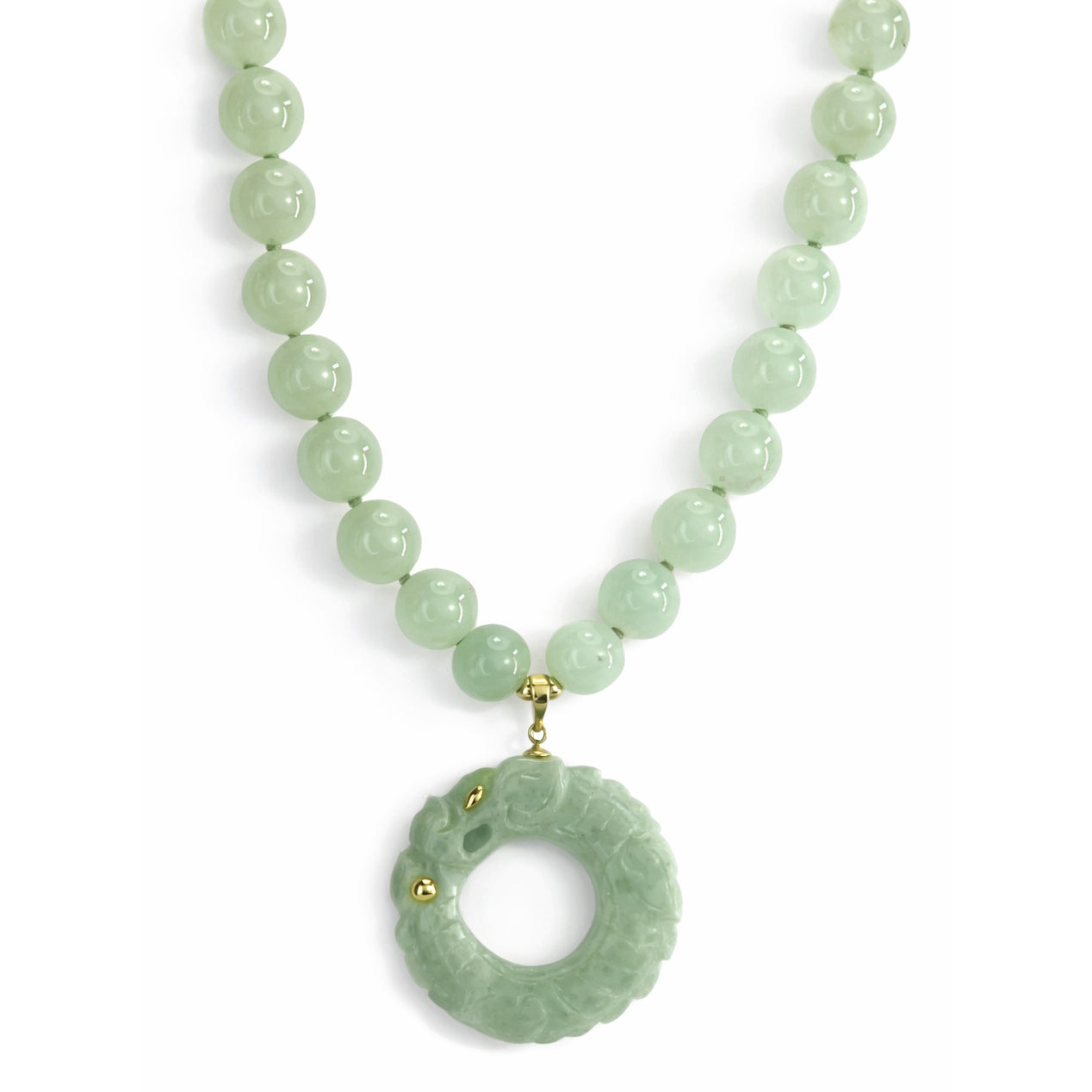 14k Prehnite with Jade Dragon Pendant Necklace