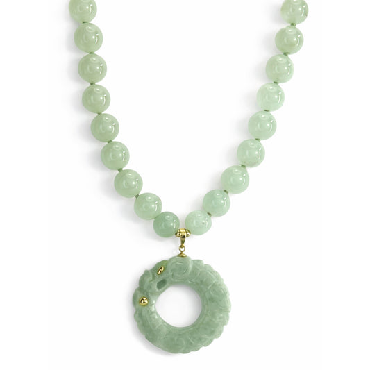 14k Prehnite with Jade Dragon Pendant Necklace