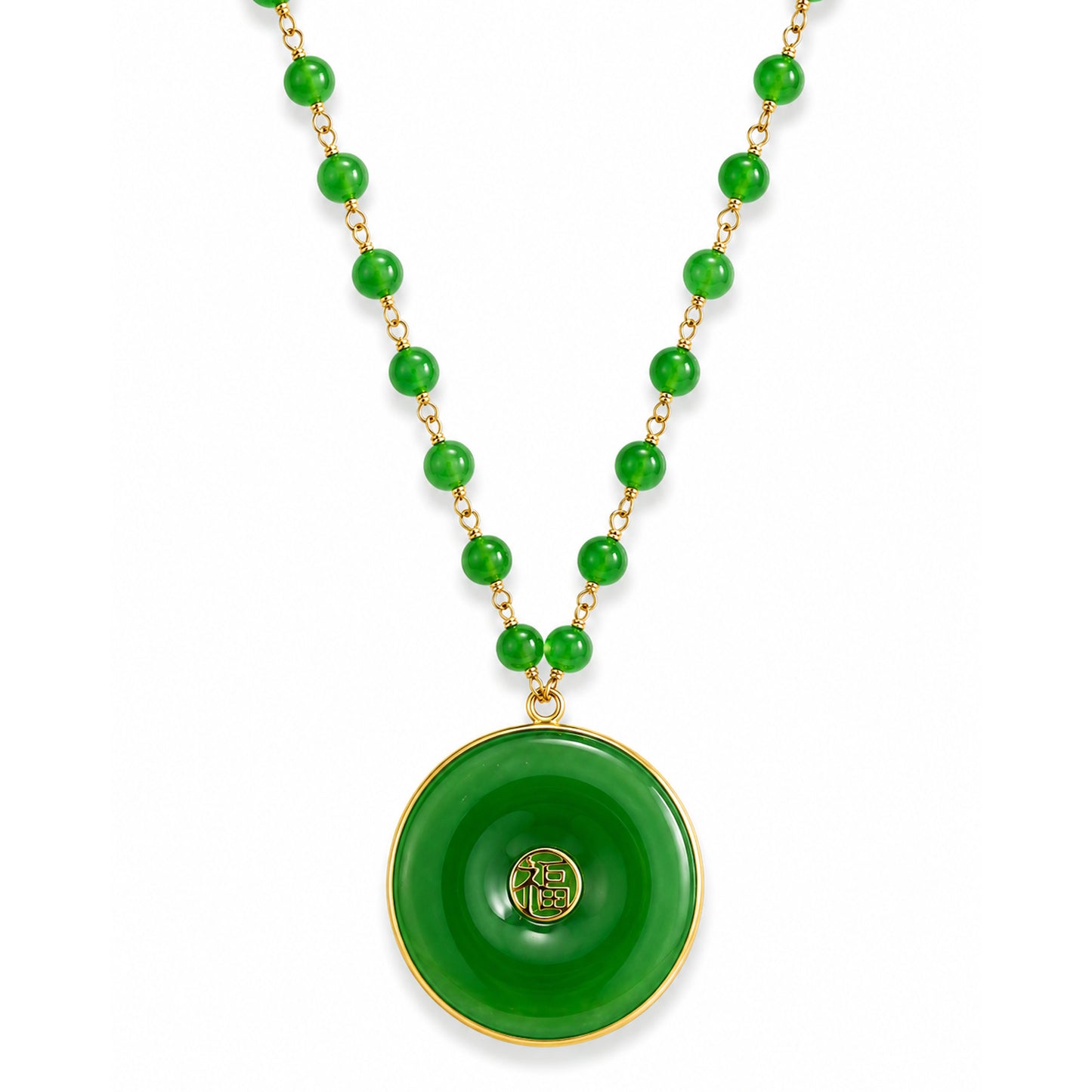 14k Green Jade Link with Good Luck Pendant Necklace