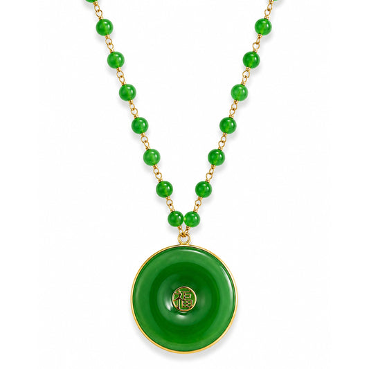14k Green Jade Link with Good Luck Pendant Necklace