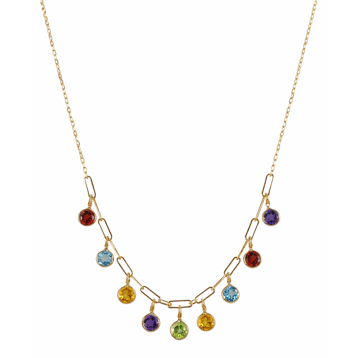 14k Multi Gemstone 9 Drop Paperclip Cable Necklace