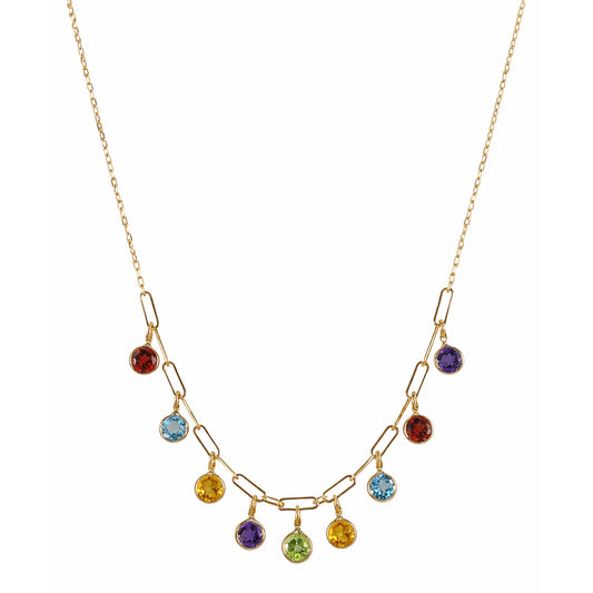 14k Multi Gemstone 9 Drop Paperclip Cable Necklace