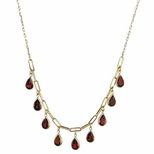 14k Garnet 9 Pear Drop Paperclip Cable Chain Necklace