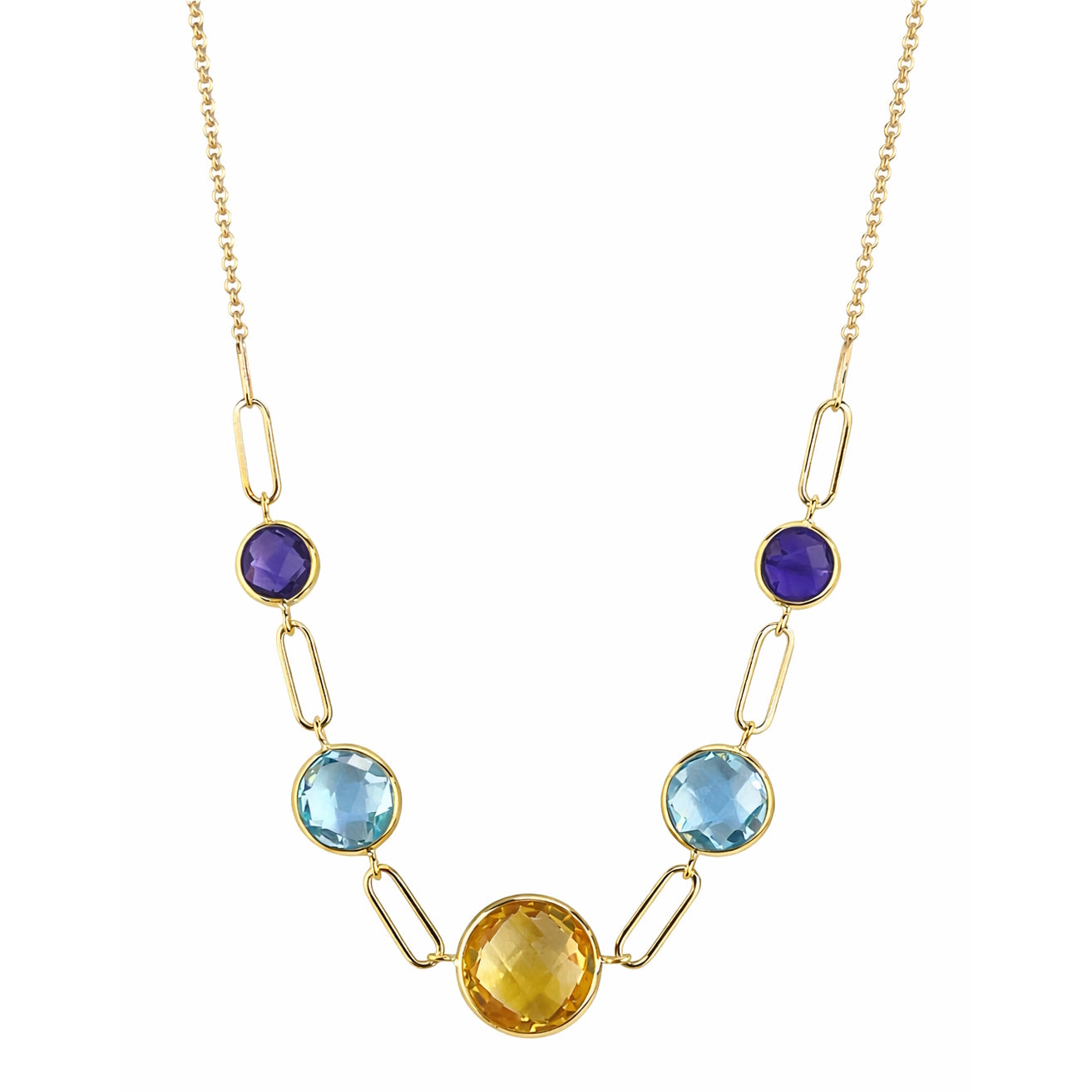 14k Multi Gemstone 5 Bezel Link Front Necklace