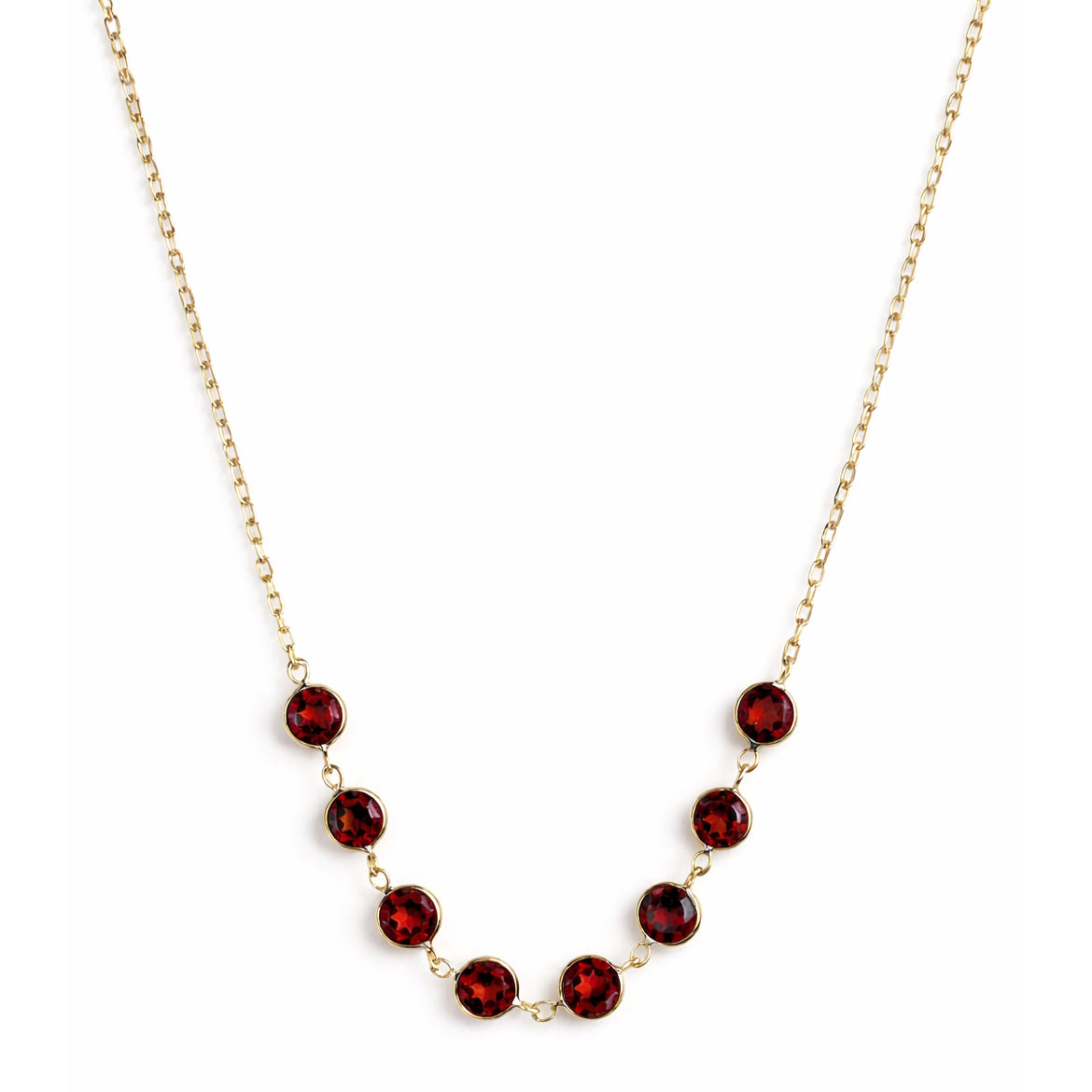 14k Garnet 8 Small Round Bezel Link Front Necklace