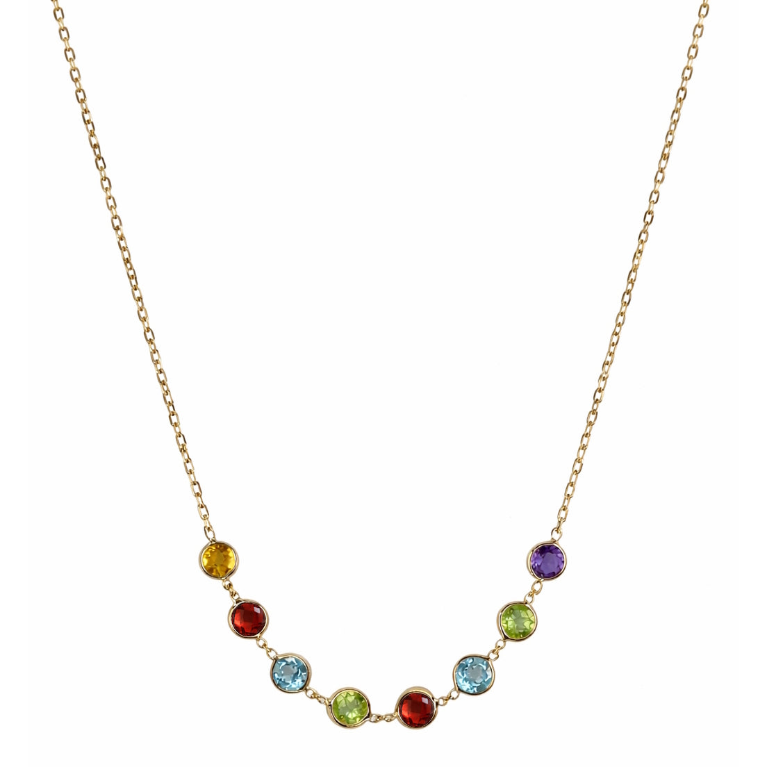 14k Multi Gemstone Small Round Bezel Link Front Necklace