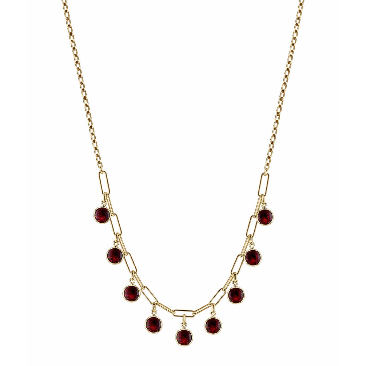 14k Garnet 9 Bezel Drop Paperclip Cable Chain Necklace