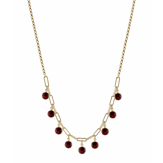 14k Garnet 9 Bezel Drop Paperclip Cable Chain Necklace