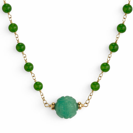 14k Green Jade Link with Carved Ball Center Necklace