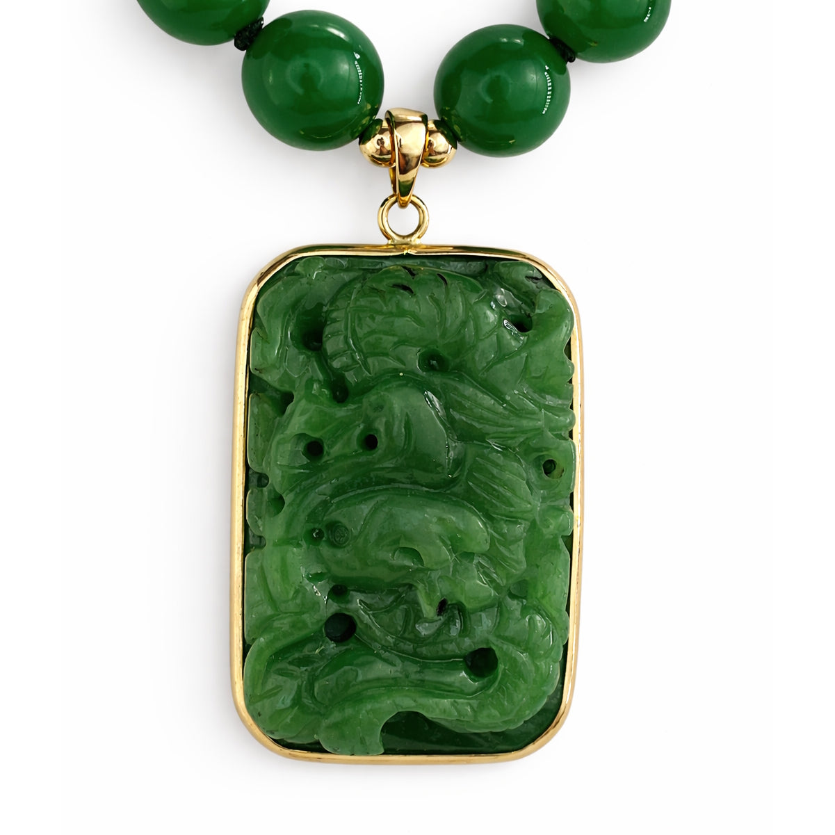 14k Green Jade Carved Dragon Pendant Necklace