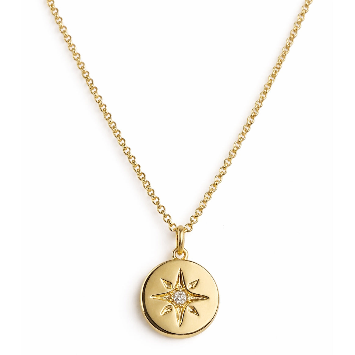14k Solid Gold VS Diamond Compass North Star Medallion Necklace