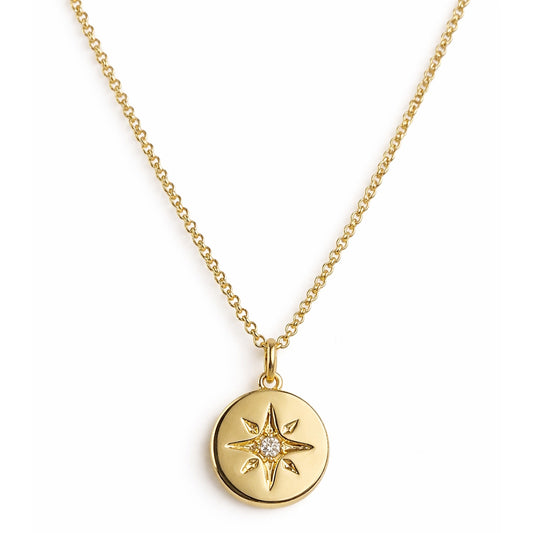 14k Solid Gold VS Diamond Compass North Star Medallion Necklace