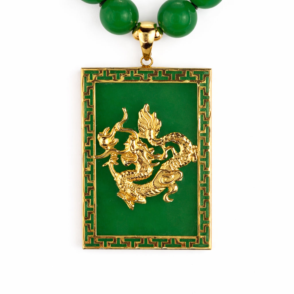 14k Green Jade Dragon Rectangle Shape Pendant Necklace
