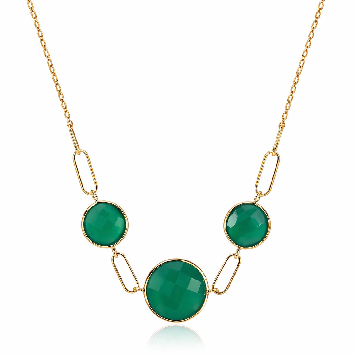 14k Green Onyx 3 Round Bezel Paperclip Front Necklace