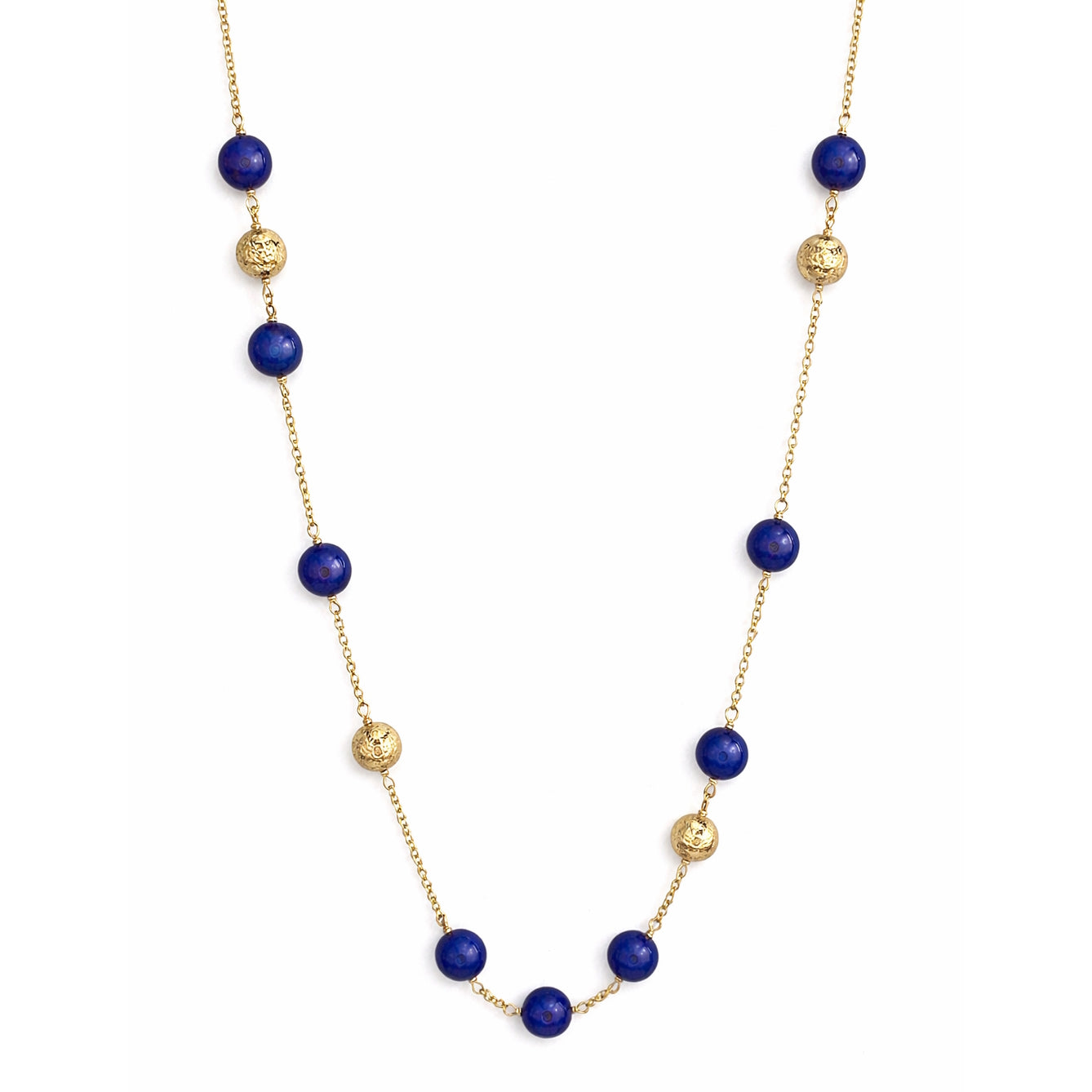 14k Lapis Gold Glitter Ball Station Link Necklace