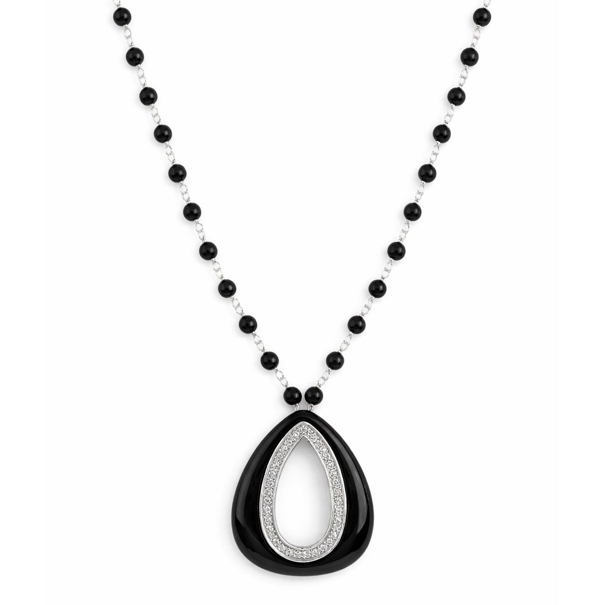 14k White Gold Black Onyx Link Diamonds Pendant Necklace