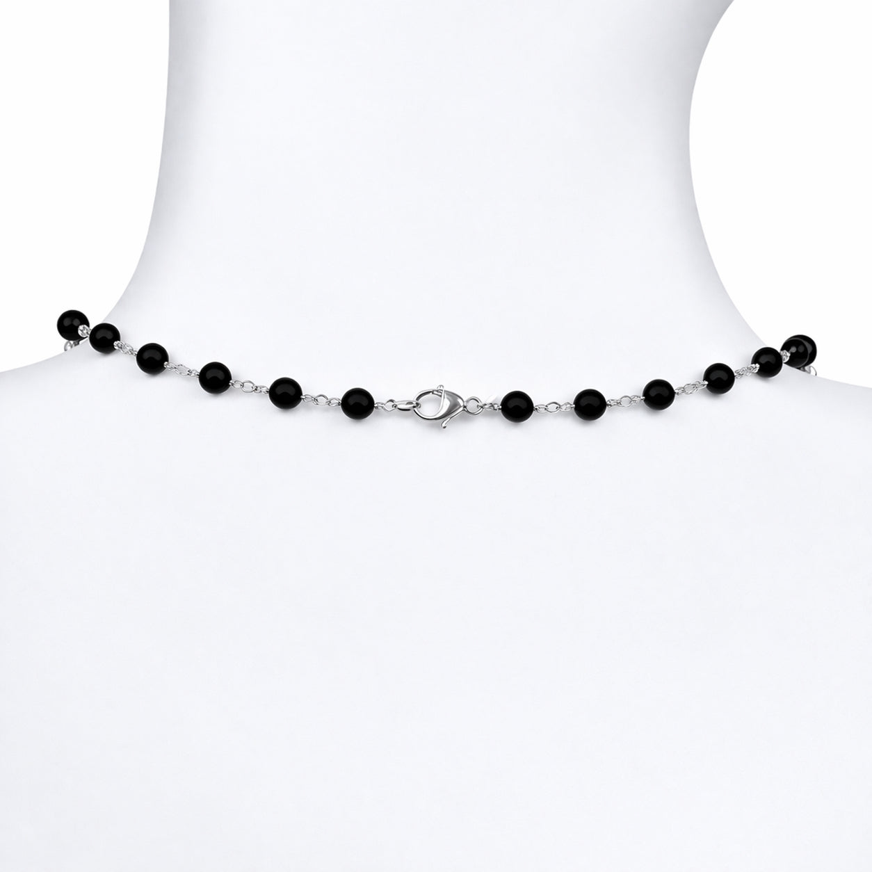 14k White Gold Black Onyx Link Diamonds Pendant Necklace