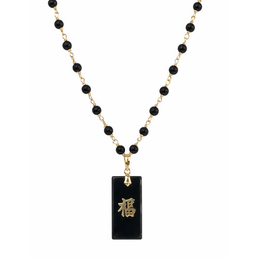 14k Black Onyx Link with Rectangle Gold Lucky Pendant Necklace