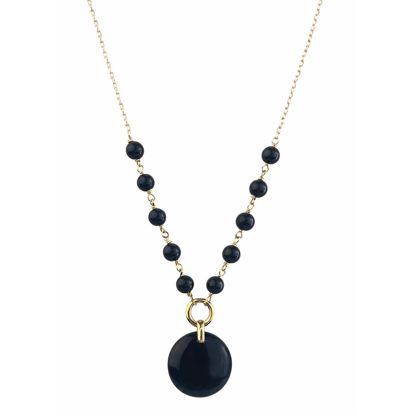 14k Black Onyx Link Round Pendant Necklace
