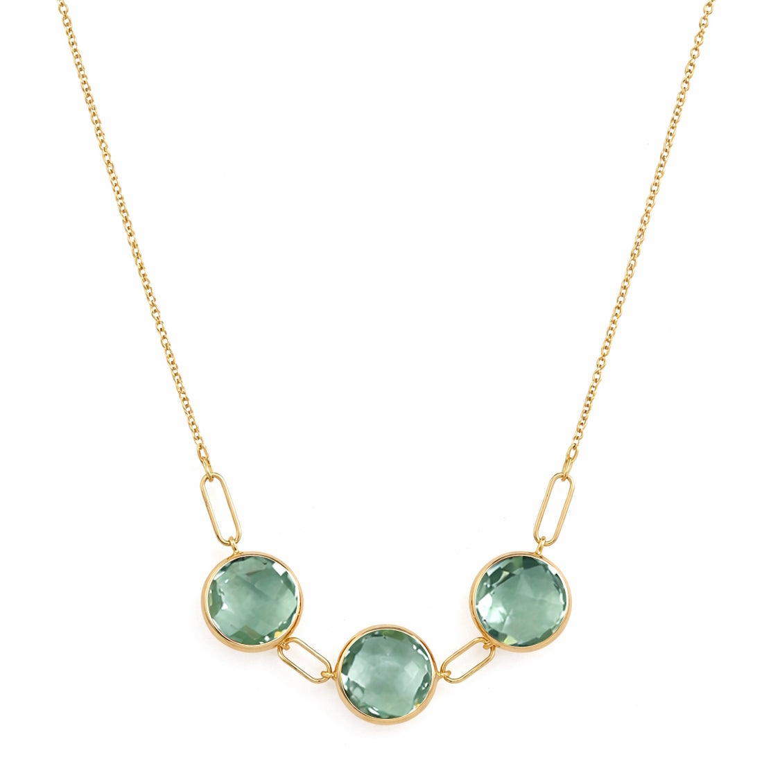 14k Green Amethyst or Guava Quartz Paperclip 3 Station Link Front Necklace
