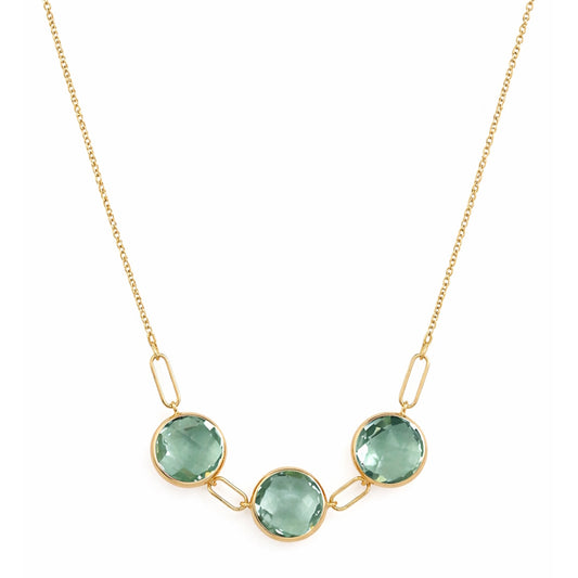 14k Green Amethyst or Guava Quartz Paperclip 3 Station Link Front Necklace