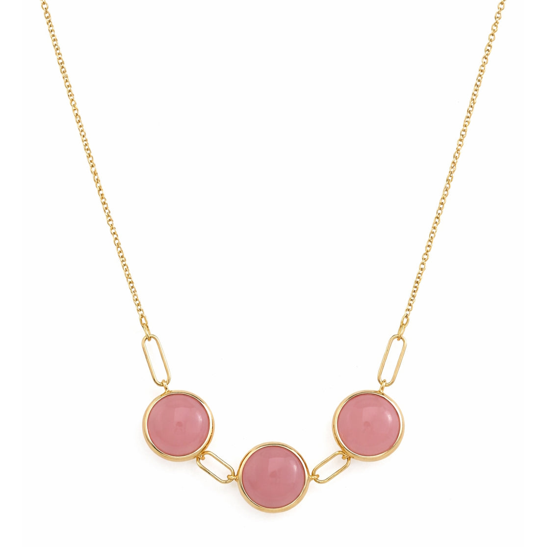14k Green Amethyst or Guava Quartz Paperclip 3 Station Link Front Necklace