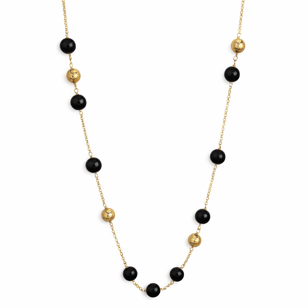 14k Black Onyx Gold Glitter Ball Station Link Necklace